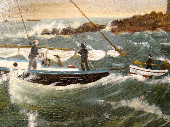 A 19th century oil on canvas depicting a sloop in rough water near a rocky shoreline with a lighthouse and other ships in the background. — image 2